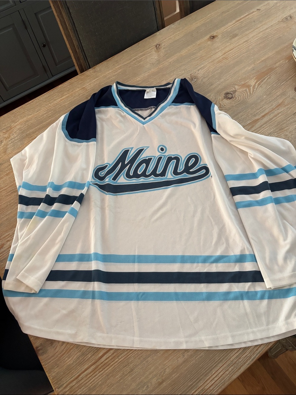 Maine Script Hockey Jersey - White & Light Blue lightweight fan jersey